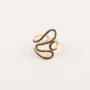 Ring Gold Plated 'Curves' Black Strass