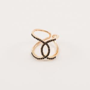 Ring Gold Plated 'Circles' Black Strass