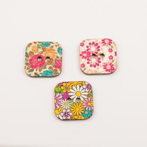 Wooden Square Buttons Flowers
