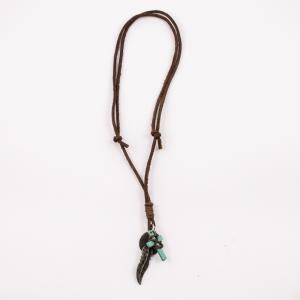 Leather Necklace Brown Feather-Cross