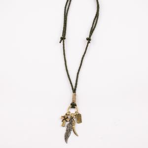 Leather Necklace Khaki Feather-Cross