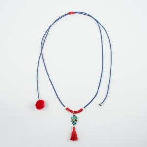 Necklace Blue-Red Skull Pom Pom