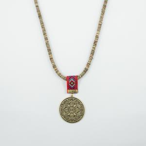 Necklace Beige Cord Bronze Pendant