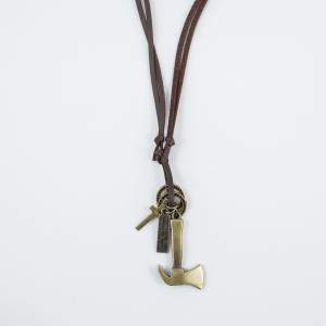 Necklace Leather Brown Axe Bronze