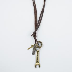 Necklace Leather Brown Wrench Bronze