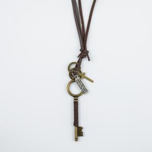 Necklace Leather Brown Key Bronze