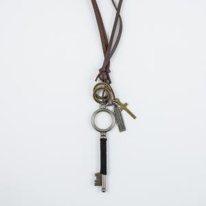 Necklace Leather Brown Key Silver