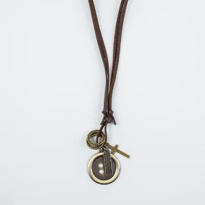 Necklace Leather Brown Button Bronze