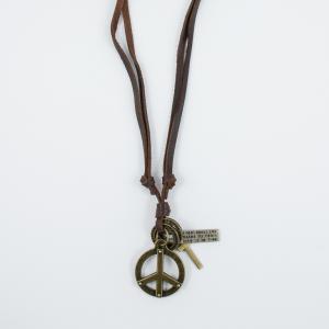 Necklace Leather Brown Peace Sign