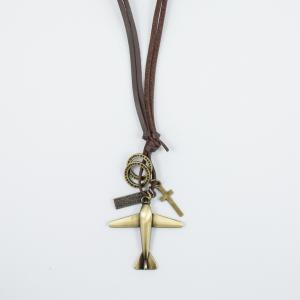 Necklace Leather Brown Airplane Bronze