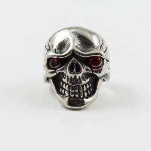 Steel Ring Skull Red Crystals