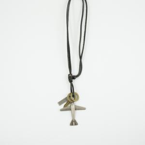 Necklace Leather Black Airplane Silver