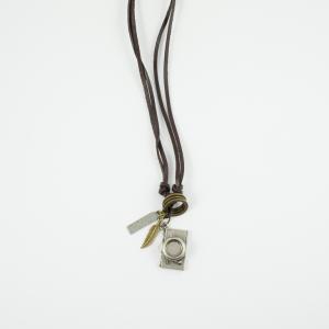 Necklace Leather Brown Camera Silver