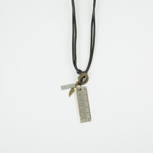 Necklace Leather Black Ruler Silver