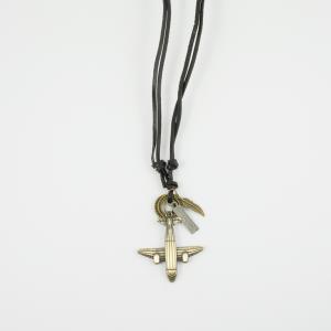 Necklace Leather Black Airplane Bronze