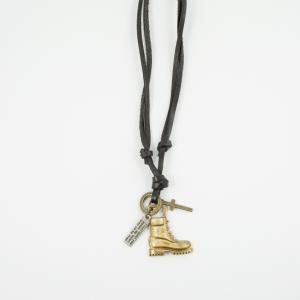 Necklace Leather Black Boot Bronze