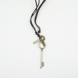 Necklace Leather Black Key Silver