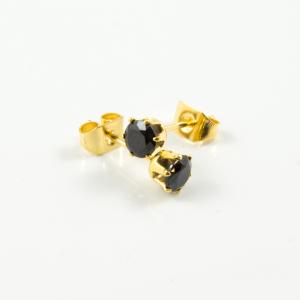 Gold Earrings Crystal Black 4mm