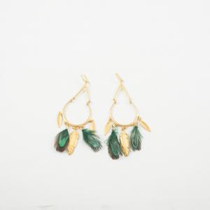 Earring Gold Feathers Green