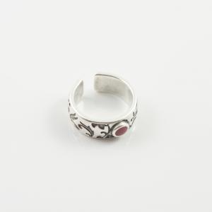 Ring Floral Red Enamel Silver