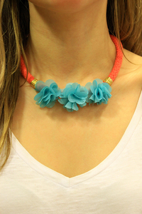 Necklace Knitted Flowers Light Blue