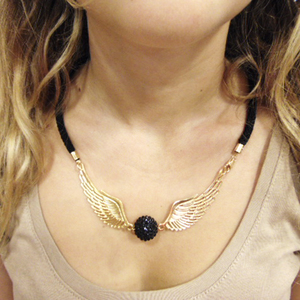 Necklace Feathers Black Marble Strass