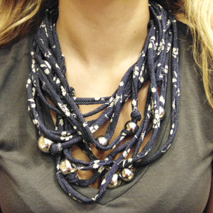 Necklace Cotton Blue Beige with Beads