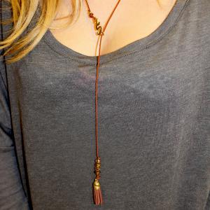 Gilt Charm Necklace "15" Brown Cord