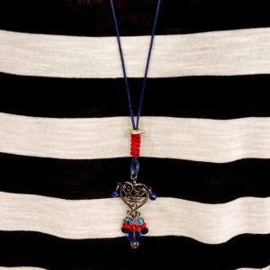 Necklace Blue Cord Metal Heart