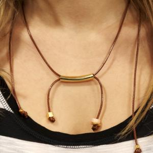 Necklace Brown Cord Gold Plated Bar