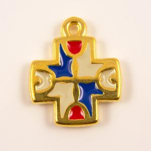 Gold Plated Cross Red-Blue Enamel