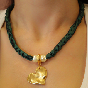 Necklace Taffeta Heart Green