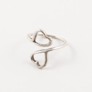 Δαχτυλίδι Καρδιές Ασημί 1.9x1.5cm