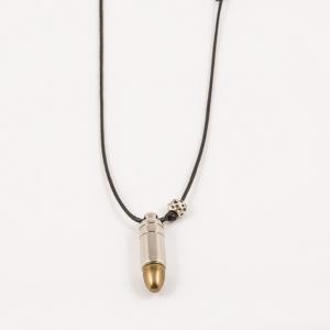 Necklace Black Cord Bullet Silver