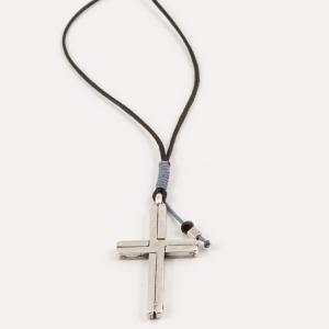 Necklace Black Cord Cross Silver