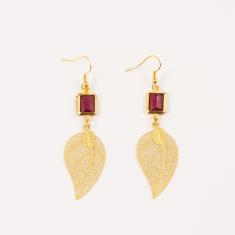 Earrings Leaf Burgundy Crystal