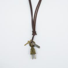 Necklace Leather Brown Plug Bronze