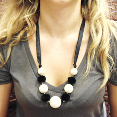 Necklace Pearls Black Pom Poms